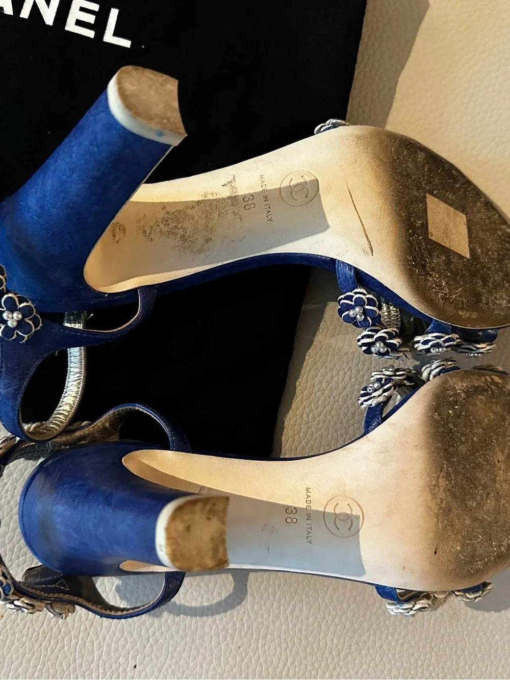 Chanel Vivid Blue Camellia Pearls CC Ankle Strap Sandals Eu 36